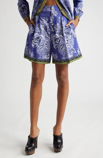 Etro High-rise Bandana Border-print Pleated Shorts In Print On Blue Bas