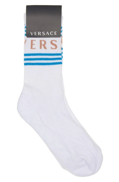 Versace Jacquard Logo Cotton Blend Crew Socks In White Desden Blue Sand