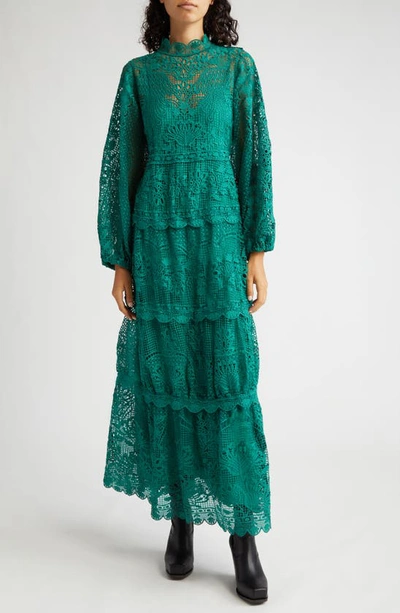 Farm Rio Long Sleeve Guipure Lace Maxi Dress In Green