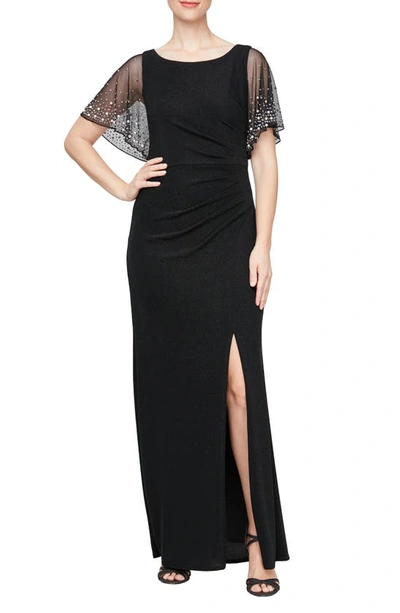 Alex Evenings Embellished Metallic Flutter Sleeve Trumpet Gown In Black