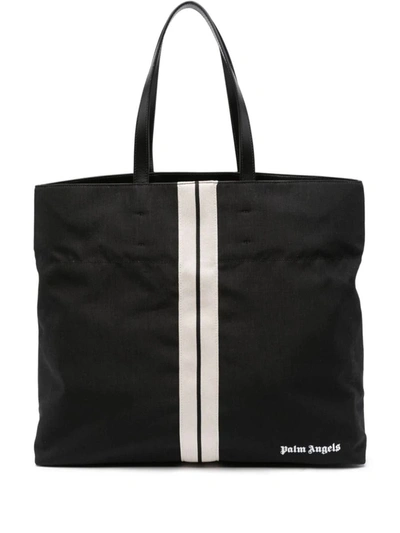 Palm Angels Track Logo-print Cotton Tote Bag In Black Off White