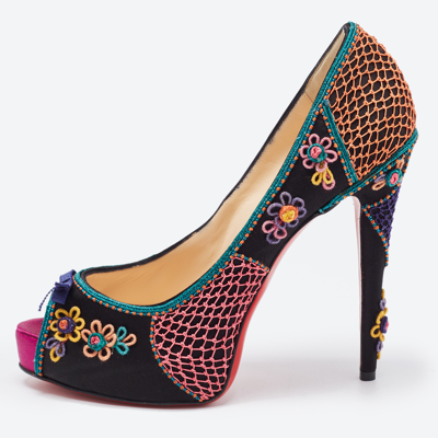 Pre-owned Christian Louboutin Multicolor Embellished Satin Bow Peep Toe Platform Pumps Size 40 In Black
