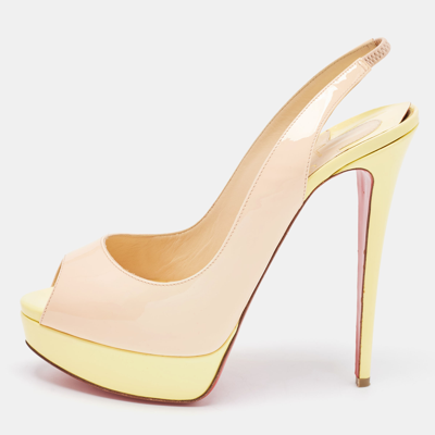 Pre-owned Christian Louboutin Beige/yellow Patent Leather Lady Peep Slingback Pumps Size 40