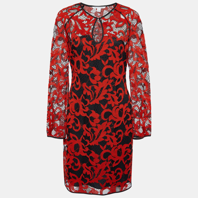 Pre-owned Diane Von Furstenberg Red & Black Lace Gadie Mini Dress M
