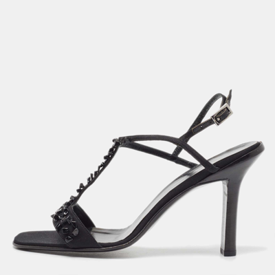 Pre-owned Gucci Black Satin Crystal Embellished Ankle Strap Sandals Size 37.5
