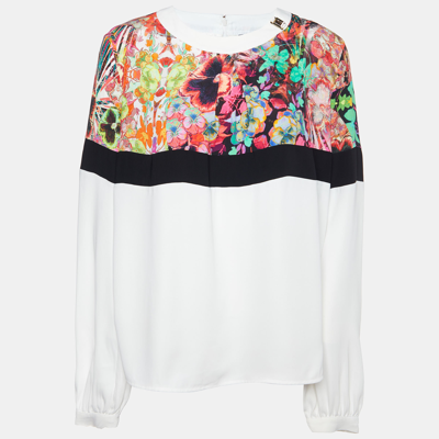 Pre-owned Class By Roberto Cavalli Cavalli Class White & Multicolor Printed Polyester Top L