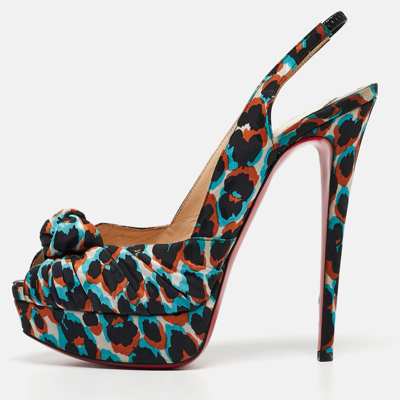 Pre-owned Christian Louboutin Tricolor Printed Fabric Jenny Slingback Pumps Size 39.5 In Black