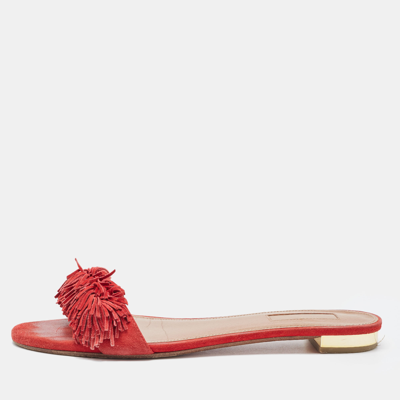 Pre-owned Aquazzura Red Suede Wild Thing Flat Slides Size 38.5