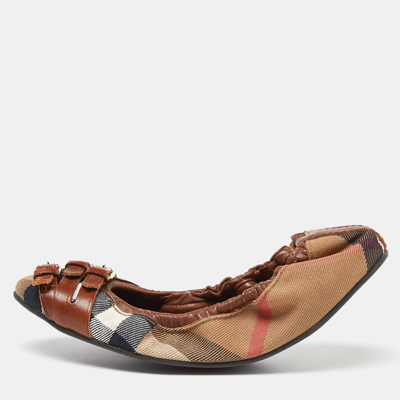 Pre-owned Burberry Brown Nova Check Canvas And Leather Buckle Detail Scrunch Ballet Flats Size 36.5