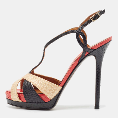 Pre-owned Fendi Tri Color Raffia And Snakeskin Strappy Slingback Platform Sandals Size 38 In Multicolor