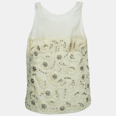 Pre-owned Chloé Cream Crystals Embellished Silk & Linen Blend Sleeveless Top M