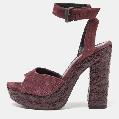 Pre-owned Bottega Veneta Plum Intrecciato Suede Coated Espadrille Platform Ankle Strap Sandals Size 38 In Purple
