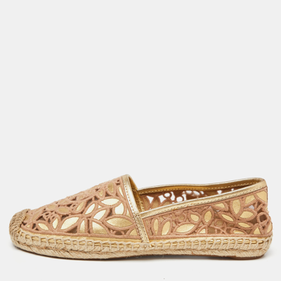 Pre-owned Tory Burch Beige/gold Lace And Leather Espadrille Flats Size 36.5