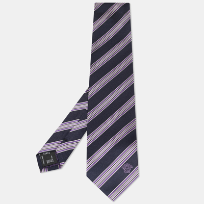 Pre-owned Versace Navy Blue Diagonal Striped Silk Tie