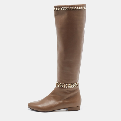 Pre-owned Le Silla Brown Leather Chain Detail Knee Length Boots Size 37