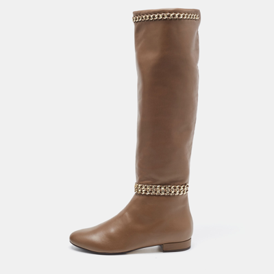 Pre-owned Le Silla Brown Leather Chain Detail Knee Length Boots Size 37.5