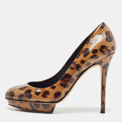 Pre-owned Gina Brown/beige Leopard Print Patent Round Toe Pumps Size 38