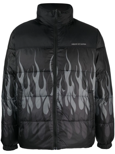 Vision Of Super Triple Flames Puffer Jacket In Black