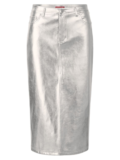 Staud Oaklyn Metallic Faux Leather Midi Skirt In Silver