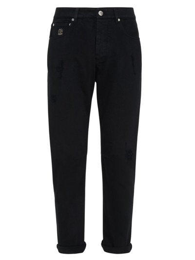 Brunello Cucinelli Men's Garment Dyed Slubbed Denim Leisure Fit Five Pocket Trousers With Rips In Black