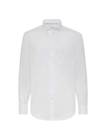 Brunello Cucinelli Men's Twill Basic Fit Shirt With Button Down Collar In White