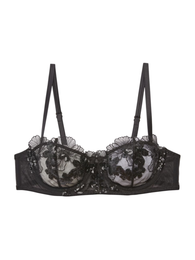 Fleur Du Mal Sequin Violet Embroidery Balconette Bra In Black