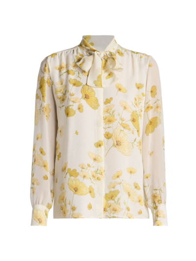 Giambattista Valli Floral Printed Georgette Bow Blouse In Ivory In Ivory Yellow