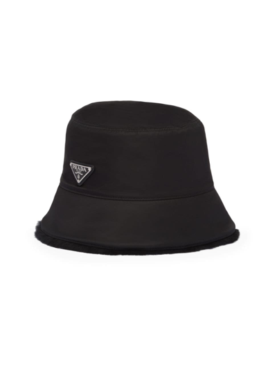Prada Re-nylon And Shearling Bucket Hat In Black