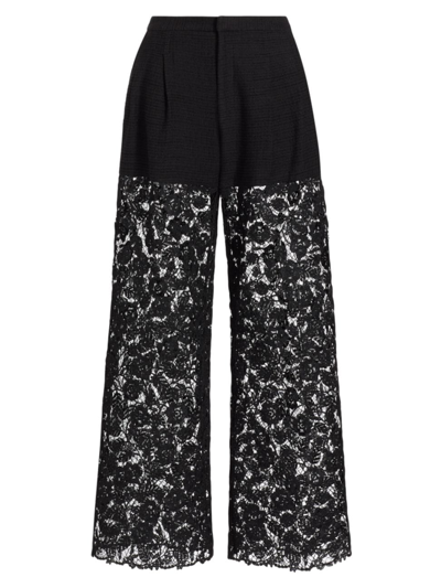 Prabal Gurung Pleat Front Corded Lace Wide Leg Pants In Black