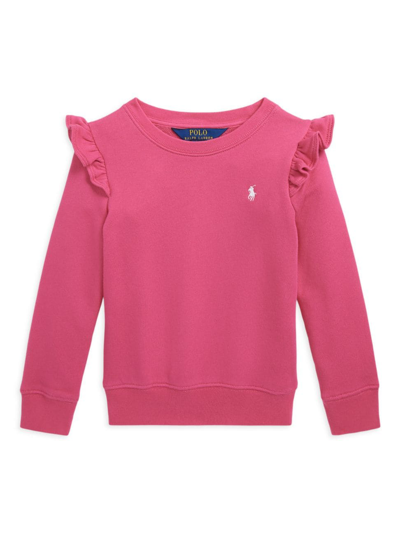 Polo Ralph Lauren Little Girl's & Girl's Ruffle-trim Crewneck Sweatshirt In Bright Pink White