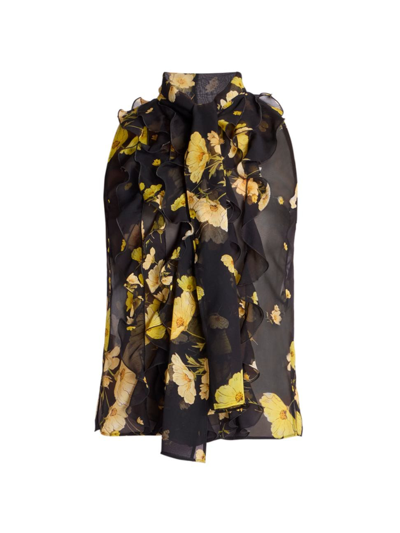 Giambattista Valli Floral-print Ruffle-bib Neck-tie Chiffon Sleeveless Blouse In Black/yellow