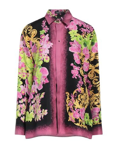 Versace Orchid Print Silk Twill Pajama Shirt In Multicolor
