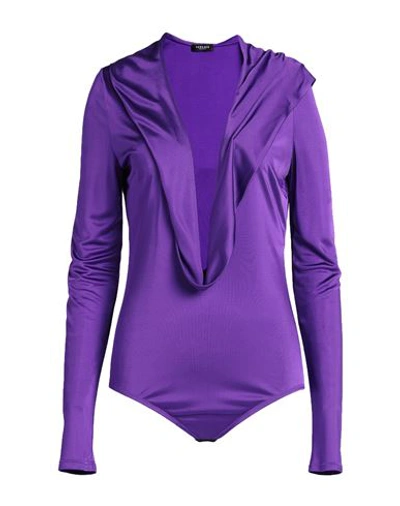 Versace Hooded Cowl-neck Bodysuit In Bright Dark Orchid