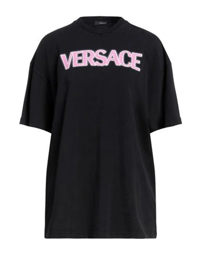 Versace Woman Black Cotton T-shirt In Black/fuchsia