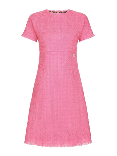 Dolce & Gabbana Raschel Tweed Calf-length Dress With Dg Logo In Pink