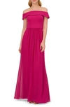 Adrianna Papell Off-the-shoulder Chiffon Gown In Bright Magenta