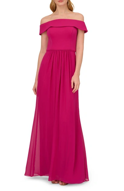 Adrianna Papell Off-the-shoulder Chiffon Gown In Bright Magenta