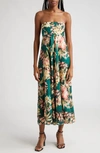 Zimmermann Lexi Strapless Floral-print Linen Midi Dress In Green Palm