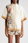 ZIMMERMANN LEXI TROPICAL FLORAL RAFFIA TRIM BUTTON-UP SHIRT