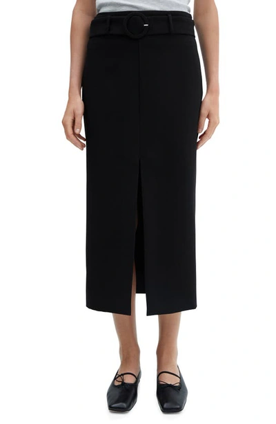 Mango Belted Front Slit Midi Skirt In Black