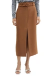 Mango Belted Front Slit Midi Skirt In Medium Brown