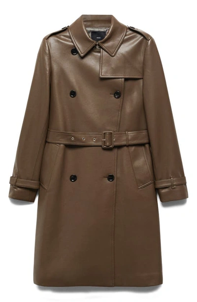 Mango Leather-effect Trench Coat Brown