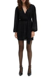 Mango Belted Metallic Fuzzy Long Sleeve Minidress In Black
