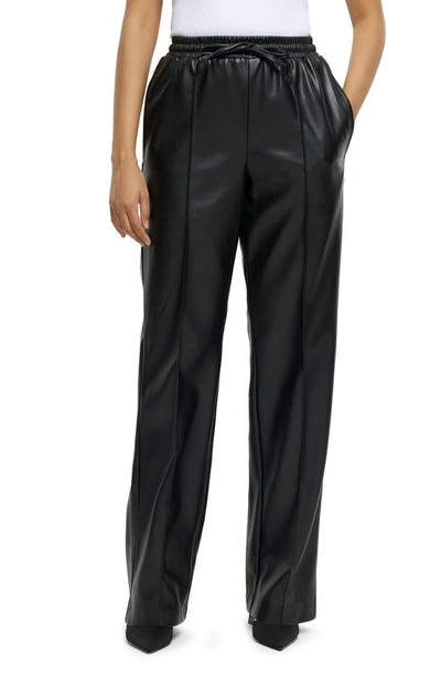 River Island Drawstring Waist Wide Leg Faux Leather Trousers In Black