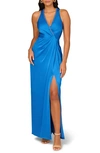 Aidan Mattox Beaded Trim Draped Satin Gown In Blue Horizon