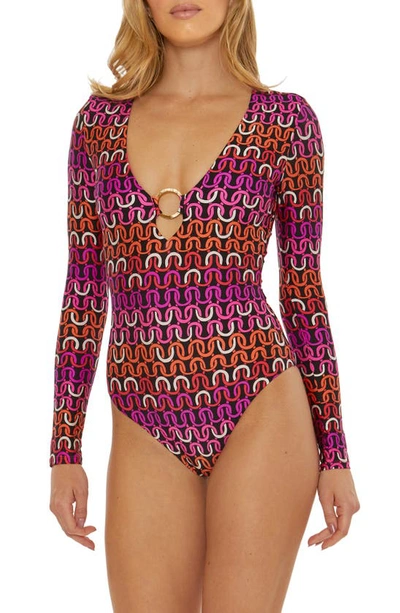 Trina Turk Echo Long Sleeve One-piece Swimsuit In Neutral