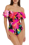 TRINA TURK SOLAR FLORAL RUFFLE OFF THE SHOULDER ONE-PIECE SWIMSUIT