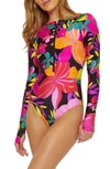 TRINA TURK SOLAR FLORAL HALF ZIP LONG SLEEVE ONE-PIECE RASHGUARD SWIMSUIT