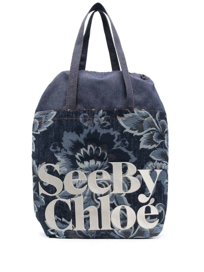 SEE BY CHLOÉ ESSENTIAL FLORAL CANVAS TOTE HANDBAG IN BLUE