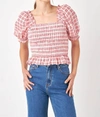 English Factory Check Smocked Bow Accent Top In Red